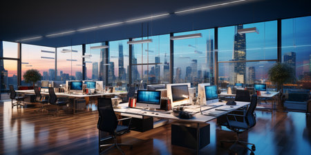 Interior design Modern Creative office foyer, Corporate open workspace, Coworking office room, AI Generativeの素材