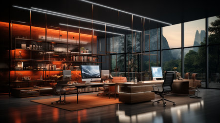 Interior design Modern Creative office foyer, Corporate open workspace, Coworking office room, AI Generativeの素材