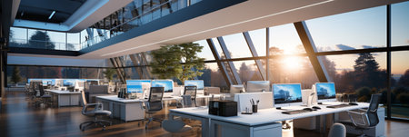 Interior design Modern Creative office foyer, Corporate open workspace, Coworking office room, AI Generativeの素材