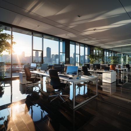 Interior design Modern Creative office foyer, Corporate open workspace, Coworking office room, AI Generativeの素材