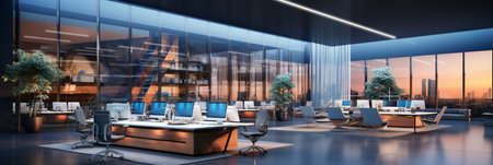 Interior design Modern Creative office foyer, Corporate open workspace, Coworking office room, AI Generativeの素材