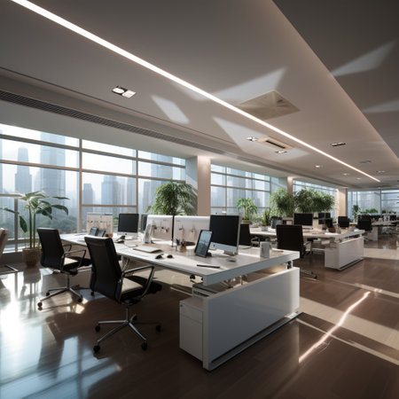 Interior design Modern Creative office foyer, Corporate open workspace, Coworking office room, AI Generativeの素材