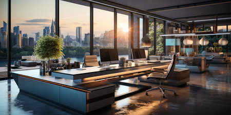 Interior design Modern Creative office foyer, Corporate open workspace, Coworking office room, AI Generativeの素材