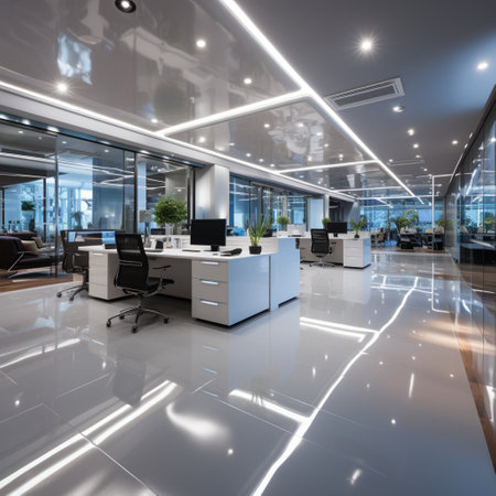 Interior design Modern Creative office foyer, Corporate open workspace, Coworking office room, AI Generativeの素材