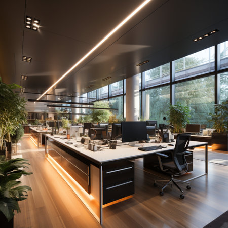 Interior design Modern Creative office foyer, Corporate open workspace, Coworking office room, AI Generativeの素材