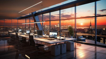 Interior design Modern Creative office foyer, Corporate open workspace, Coworking office room, AI Generativeの素材