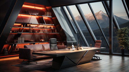 Interior design Modern Creative office foyer, Corporate open workspace, Coworking office room, AI Generativeの素材