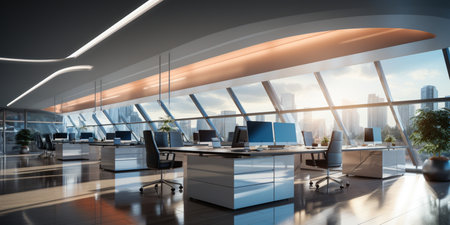 Interior design Modern Creative office foyer, Corporate open workspace, Coworking office room, AI Generativeの素材