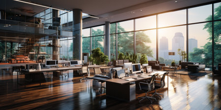 Interior design Modern Creative office foyer, Corporate open workspace, Coworking office room, AI Generativeの素材
