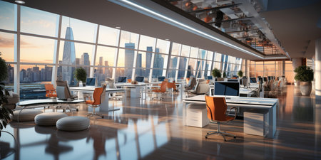 Interior design Modern Creative office foyer, Corporate open workspace, Coworking office room, AI Generativeの素材