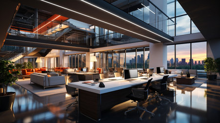 Interior design Modern Creative office foyer, Corporate open workspace, Coworking office room, AI Generativeの素材