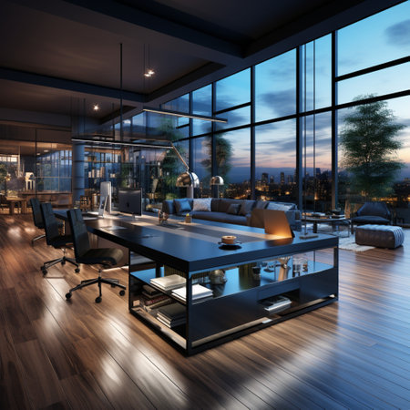 Interior design Modern Creative office foyer, Corporate open workspace, Coworking office room, AI Generativeの素材