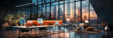 Interior design Modern Creative office foyer, Corporate open workspace, Coworking office room, AI Generativeの素材