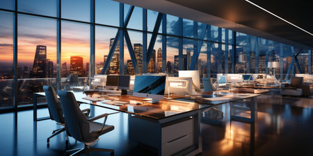 Interior design Modern Creative office foyer, Corporate open workspace, Coworking office room, AI Generativeの素材