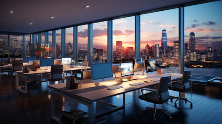 Interior design Modern Creative office foyer, Corporate open workspace, Coworking office room, AI Generativeの素材