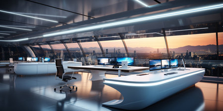 Interior design Modern Creative office foyer, Corporate open workspace, Coworking office room, AI Generativeの素材