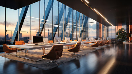 Interior design Modern Creative office foyer, Corporate open workspace, Coworking office room, AI Generativeの素材