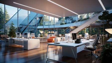 Interior design Modern Creative office foyer, Corporate open workspace, Coworking office room, AI Generativeの素材
