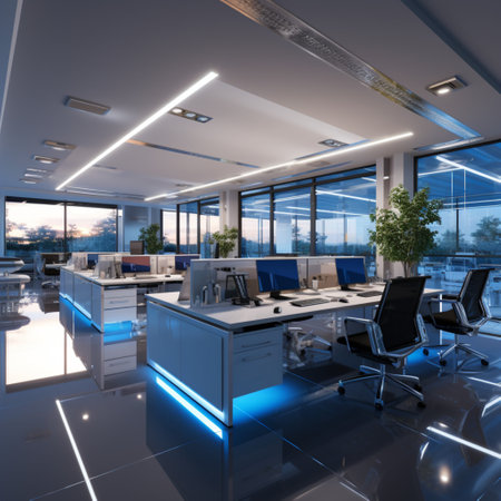 Interior design Modern Creative office foyer, Corporate open workspace, Coworking office room, AI Generativeの素材