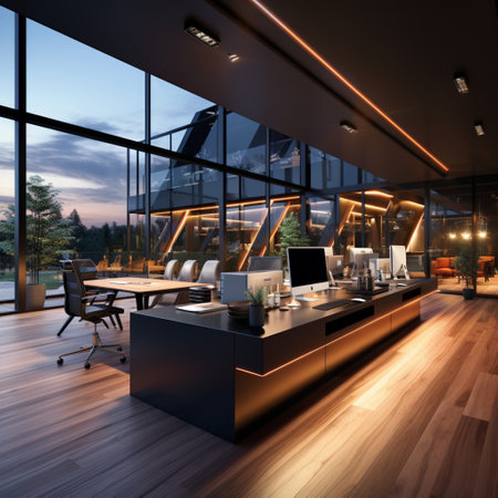 Interior design Modern Creative office foyer, Corporate open workspace, Coworking office room, AI Generativeの素材