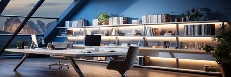 Interior design Modern Creative office foyer, Corporate open workspace, Coworking office room, AI Generativeの素材