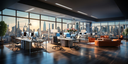 Interior design Modern Creative office foyer, Corporate open workspace, Coworking office room, AI Generativeの素材