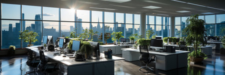 Interior design Modern Creative office foyer, Corporate open workspace, Coworking office room, AI Generativeの素材