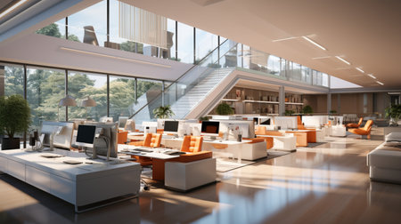 Interior design Modern Creative office foyer, Corporate open workspace, Coworking office room, AI Generativeの素材