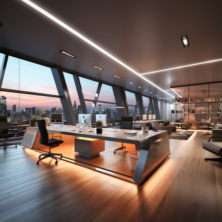 Interior design Modern Creative office foyer, Corporate open workspace, Coworking office room, AI Generativeの素材