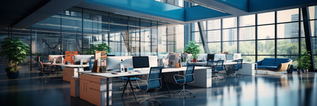 Interior design Modern Creative office foyer, Corporate open workspace, Coworking office room, AI Generativeの素材