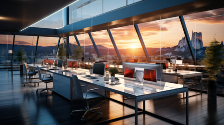 Interior design Modern Creative office foyer, Corporate open workspace, Coworking office room, AI Generativeの素材