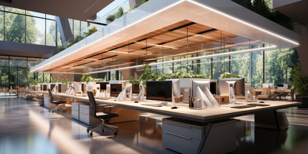 Interior design Modern Creative office foyer, Corporate open workspace, Coworking office room, AI Generativeの素材