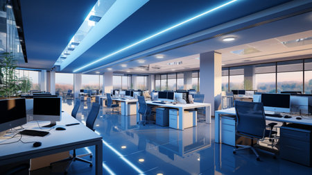 Interior design Modern Creative office foyer, Corporate open workspace, Coworking office room, AI Generativeの素材