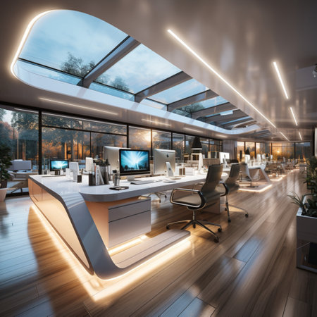 Interior design Modern Creative office foyer, Corporate open workspace, Coworking office room, AI Generativeの素材