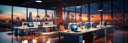 Interior design Modern Creative office foyer, Corporate open workspace, Coworking office room, AI Generativeの素材