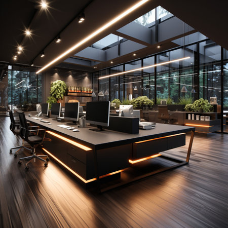 Interior design Modern Creative office foyer, Corporate open workspace, Coworking office room, AI Generativeの素材