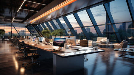 Interior design Modern Creative office foyer, Corporate open workspace, Coworking office room, AI Generativeの素材