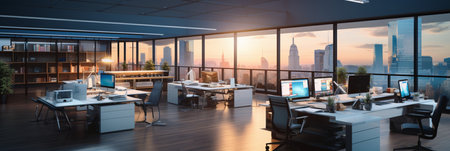 Interior design Modern Creative office foyer, Corporate open workspace, Coworking office room, AI Generativeの素材