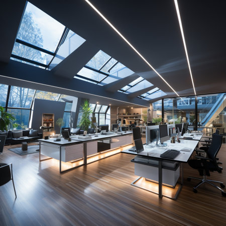 Interior design Modern Creative office foyer, Corporate open workspace, Coworking office room, AI Generativeの素材