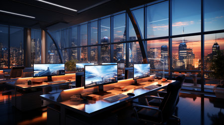 Interior design Modern Creative office foyer, Corporate open workspace, Coworking office room, AI Generativeの素材