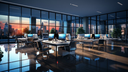 Interior design Modern Creative office foyer, Corporate open workspace, Coworking office room, AI Generativeの素材
