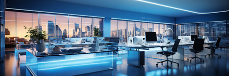 Interior design Modern Creative office foyer, Corporate open workspace, Coworking office room, AI Generativeの素材