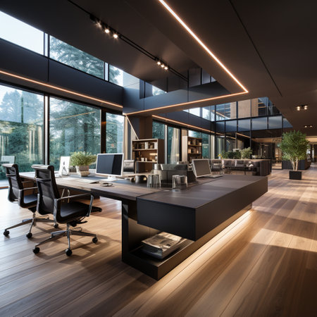 Interior design Modern Creative office foyer, Corporate open workspace, Coworking office room, AI Generativeの素材