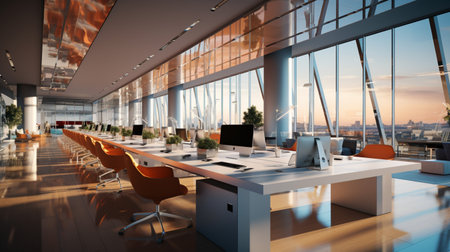 Interior design Modern Creative office foyer, Corporate open workspace, Coworking office room, AI Generativeの素材