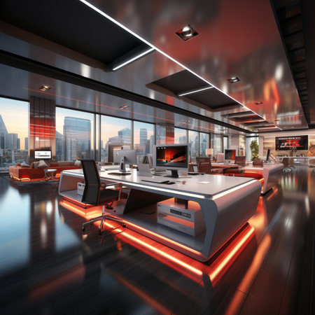 Interior design Modern Creative office foyer, Corporate open workspace, Coworking office room, AI Generativeの素材