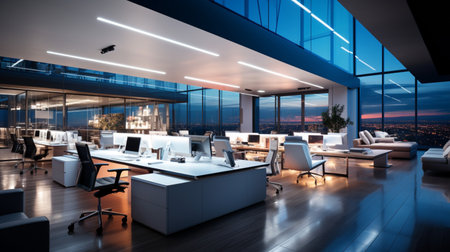 Interior design Modern Creative office foyer, Corporate open workspace, Coworking office room, AI Generativeの素材