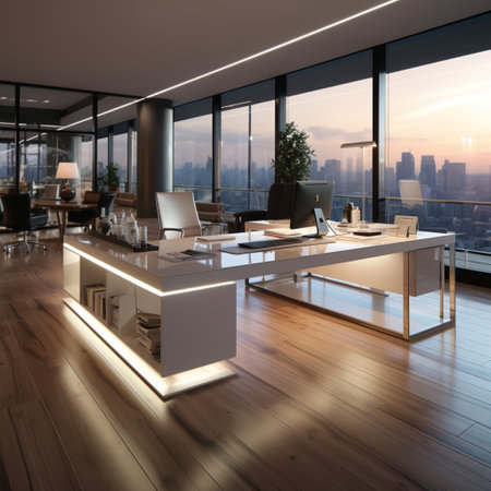 Interior design Modern Creative office foyer, Corporate open workspace, Coworking office room, AI Generativeの素材