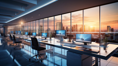 Interior design Modern Creative office foyer, Corporate open workspace, Coworking office room, AI Generativeの素材