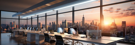 Interior design Modern Creative office foyer, Corporate open workspace, Coworking office room, AI Generativeの素材