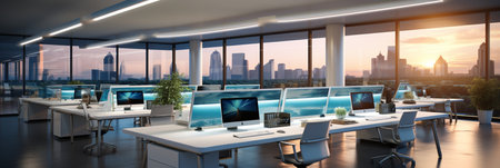 Interior design Modern Creative office foyer, Corporate open workspace, Coworking office room, AI Generativeの素材